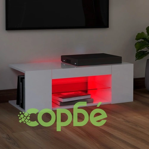 ТВ шкаф с LED осветление, бял гланц, 90x39x30 см ➤ топ цена ➤ sorbe.bg