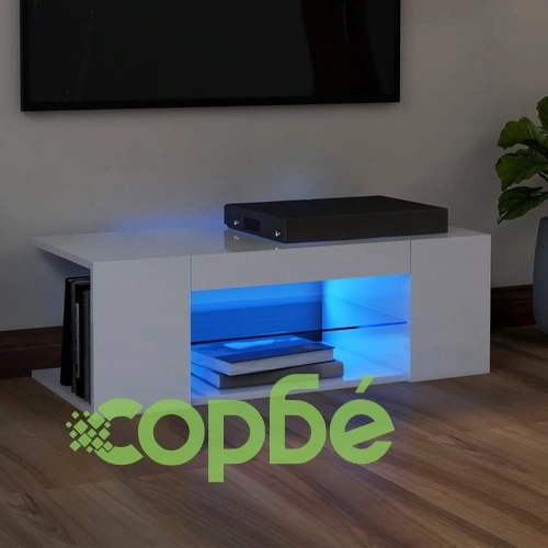 ТВ шкаф с LED осветление, бял гланц, 90x39x30 см ➤ топ цена ➤ sorbe.bg