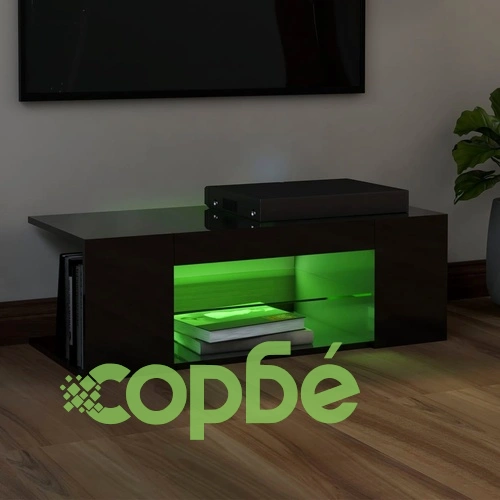 ТВ шкаф с LED осветление, черен гланц, 90x39x30 см ➤ топ цена ➤ sorbe.bg
