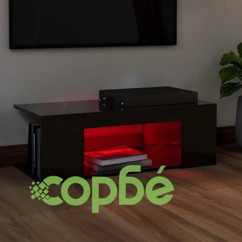 ТВ шкаф с LED осветление, черен гланц, 90x39x30 см ➤ топ цена ➤ sorbe.bg
