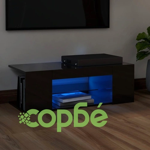 ТВ шкаф с LED осветление, черен гланц, 90x39x30 см ➤ топ цена ➤ sorbe.bg