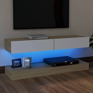 ТВ шкаф с LED осветление, бяло и дъб сонома, 120x35 см