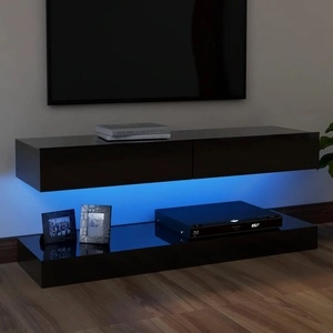 ТВ шкаф с LED осветление, черен гланц, 120x35 см
