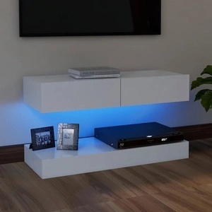 ТВ шкаф с LED осветление, бял, 90x35 см