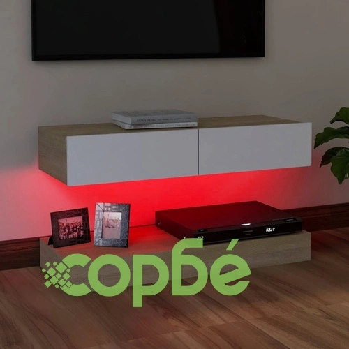 ТВ шкаф с LED осветление, бяло и дъб сонома, 90x35 см на топ цена от sorbe.bg ТВ шкаф с LED осветление, бяло и дъб сонома, 90x35 см ➤ топ цена ➤ sorbe.bg