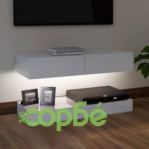 ТВ шкаф с LED осветление, бял гланц, 90x35 см ➤ топ цена ➤ sorbe.bg
