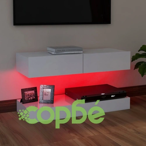 ТВ шкаф с LED осветление, бял гланц, 90x35 см ➤ топ цена ➤ sorbe.bg