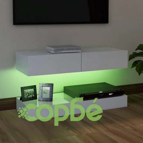 ТВ шкаф с LED осветление, бял гланц, 90x35 см ➤ топ цена ➤ sorbe.bg