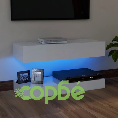 ТВ шкаф с LED осветление, бял гланц, 90x35 см ➤ топ цена ➤ sorbe.bg