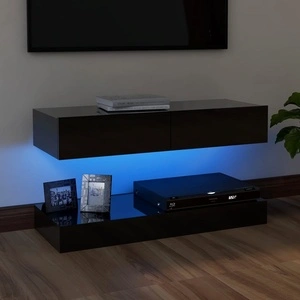 ТВ шкаф с LED осветление, черен гланц, 90x35 см