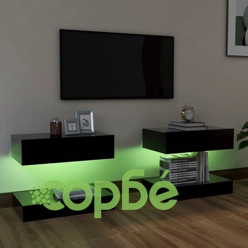 ТВ шкафове с LED осветление, 2 бр, черни, 60x35 см ➤ топ цена ➤ sorbe.bg