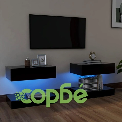 ТВ шкафове с LED осветление, 2 бр, черни, 60x35 см ➤ топ цена ➤ sorbe.bg