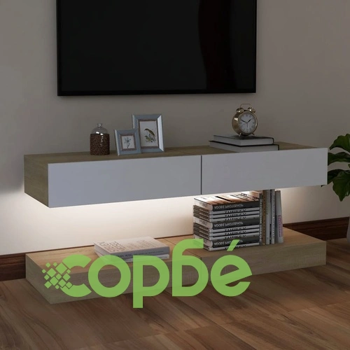 ТВ шкафове с LED осветление, 2 бр, бяло и дъб сонома, 60x35 см ➤ топ цена ➤ sorbe.bg