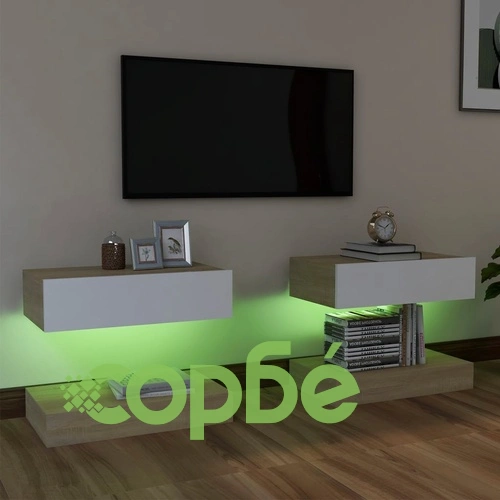 ТВ шкафове с LED осветление, 2 бр, бяло и дъб сонома, 60x35 см ➤ топ цена ➤ sorbe.bg