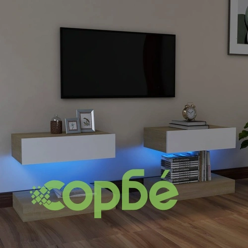 ТВ шкафове с LED осветление, 2 бр, бяло и дъб сонома, 60x35 см ➤ топ цена ➤ sorbe.bg