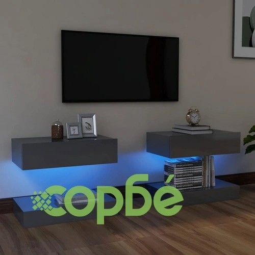 ТВ шкафове с LED осветление, 2 бр, сив гланц, 60x35 см ➤ топ цена ➤ sorbe.bg