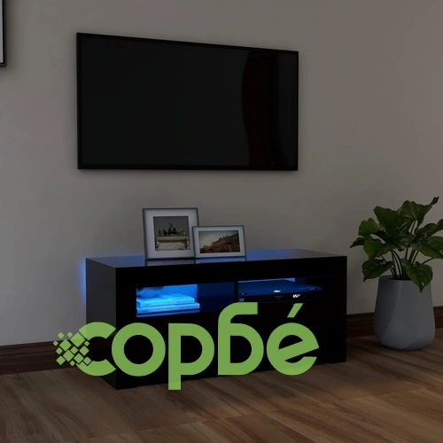 ТВ шкаф с LED осветление, черен, 90x35x40 см ➤ топ цена ➤ sorbe.bg