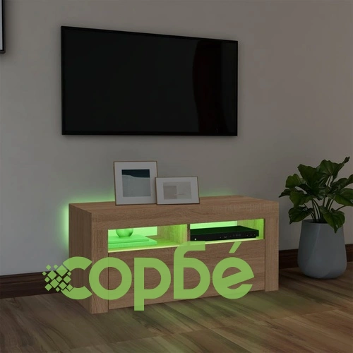 ТВ шкаф с LED осветление, сонома дъб, 90x35x40 см ➤ топ цена ➤ sorbe.bg