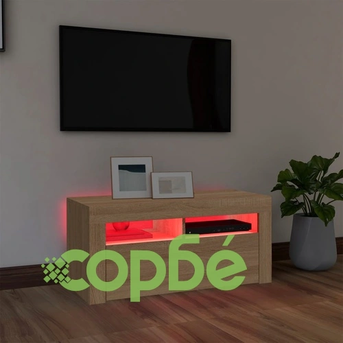 ТВ шкаф с LED осветление, сонома дъб, 90x35x40 см ➤ топ цена ➤ sorbe.bg