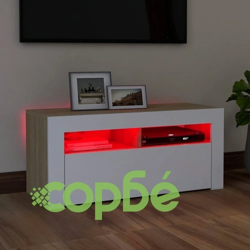 ТВ шкаф с LED осветление, бело и сонома дъб, 90x35x40 см ➤ топ цена ➤ sorbe.bg