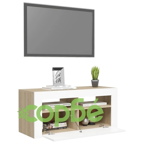 ТВ шкаф с LED осветление, бело и сонома дъб, 90x35x40 см ➤ топ цена ➤ sorbe.bg