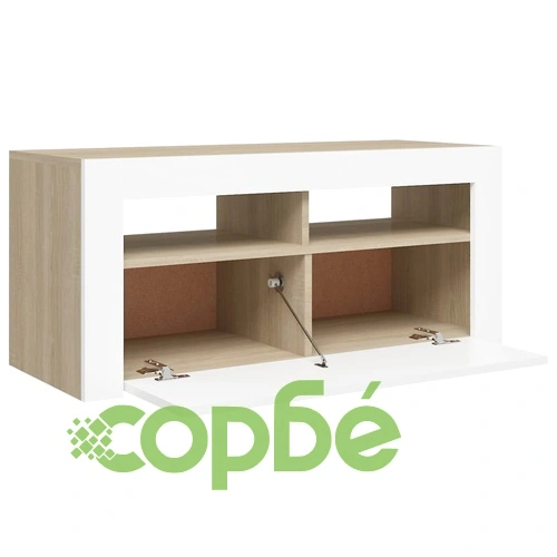 ТВ шкаф с LED осветление, бело и сонома дъб, 90x35x40 см ➤ топ цена ➤ sorbe.bg