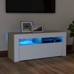 ТВ шкаф с LED осветление, бело и сонома дъб, 90x35x40 см