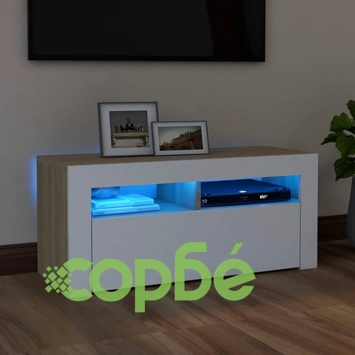 ТВ шкаф с LED осветление, бело и сонома дъб, 90x35x40 см ➤ топ цена ➤ sorbe.bg