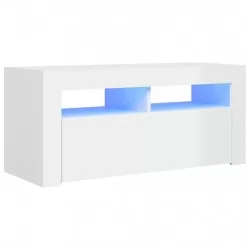 ТВ шкаф с LED осветление, бял гланц, 90x35x40 см