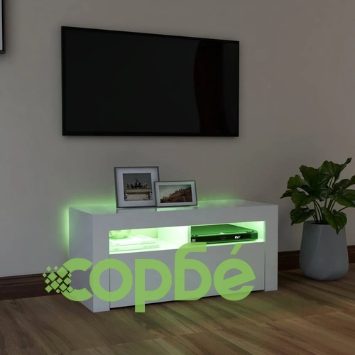 ТВ шкаф с LED осветление, бял гланц, 90x35x40 см ➤ топ цена ➤ sorbe.bg