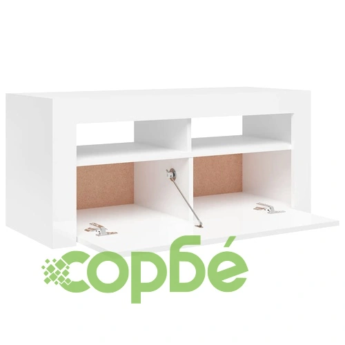 ТВ шкаф с LED осветление, бял гланц, 90x35x40 см ➤ топ цена ➤ sorbe.bg