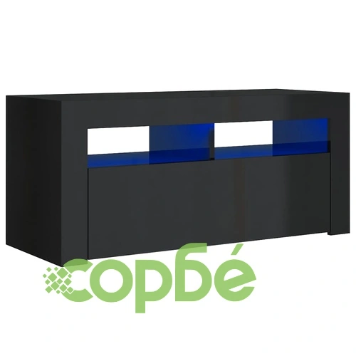 ТВ шкаф с LED осветление, черен гланц, 90x35x40 см ➤ топ цена ➤ sorbe.bg