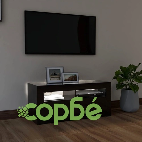 ТВ шкаф с LED осветление, черен гланц, 90x35x40 см ➤ топ цена ➤ sorbe.bg