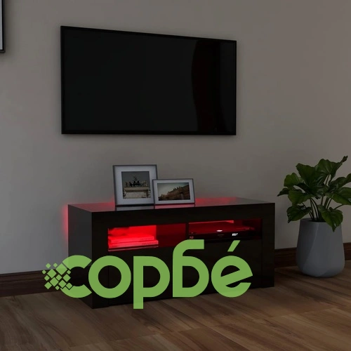 ТВ шкаф с LED осветление, черен гланц, 90x35x40 см ➤ топ цена ➤ sorbe.bg