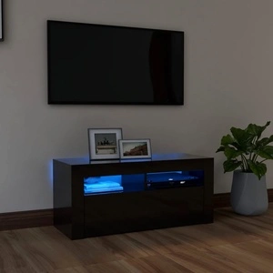 ТВ шкаф с LED осветление, черен гланц, 90x35x40 см