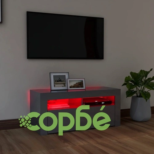 ТВ шкаф с LED осветление, сив гланц, 90x35x40 см ➤ топ цена ➤ sorbe.bg