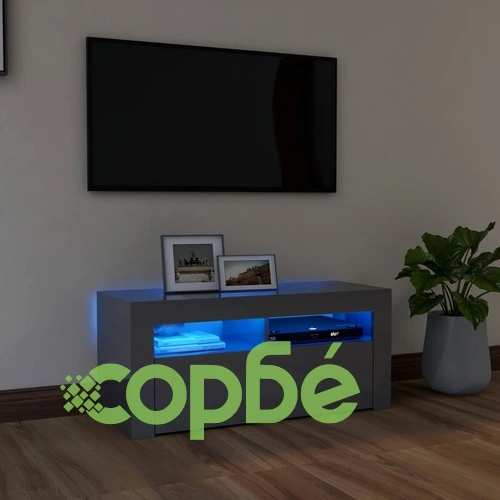 ТВ шкаф с LED осветление, сив гланц, 90x35x40 см ➤ топ цена ➤ sorbe.bg