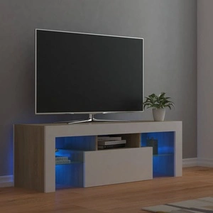 ТВ шкаф с LED осветление, бяло и дъб сонома, 120x35x40 см