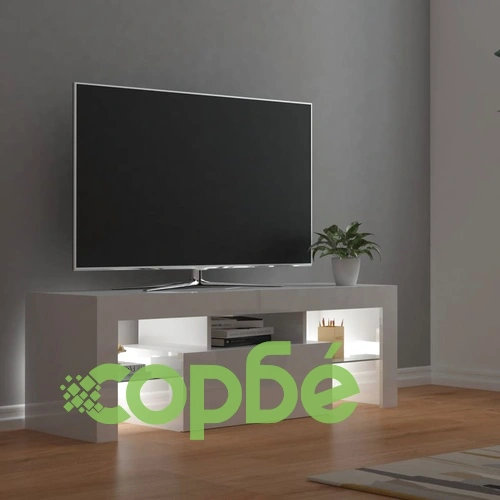 ТВ шкаф с LED осветление, бял гланц, 120x35x40 см ➤ топ цена ➤ sorbe.bg