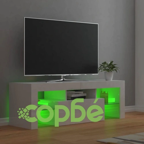 ТВ шкаф с LED осветление, бял гланц, 120x35x40 см ➤ топ цена ➤ sorbe.bg
