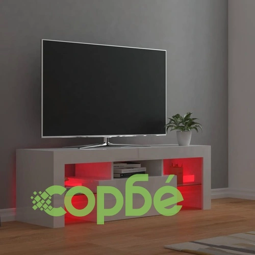 ТВ шкаф с LED осветление, бял гланц, 120x35x40 см ➤ топ цена ➤ sorbe.bg