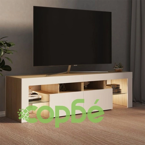 ТВ шкаф с LED осветление, бяло и дъб сонома, 140x36,5x40 см ➤ топ цена ➤ sorbe.bg