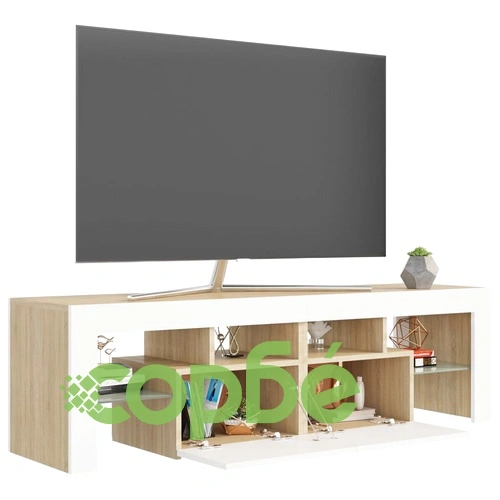 ТВ шкаф с LED осветление, бяло и дъб сонома, 140x36,5x40 см ➤ топ цена ➤ sorbe.bg