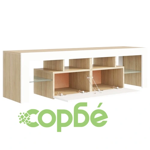 ТВ шкаф с LED осветление, бяло и дъб сонома, 140x36,5x40 см ➤ топ цена ➤ sorbe.bg