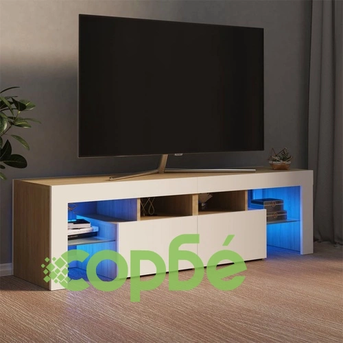 ТВ шкаф с LED осветление, бяло и дъб сонома, 140x36,5x40 см ➤ топ цена ➤ sorbe.bg