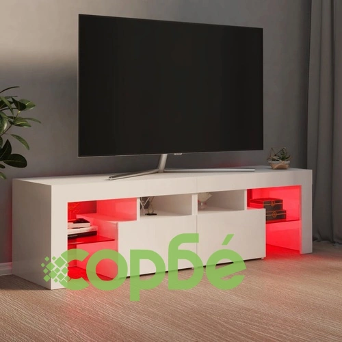 ТВ шкаф с LED осветление, бял гланц, 140x36,5x40 см ➤ топ цена ➤ sorbe.bg