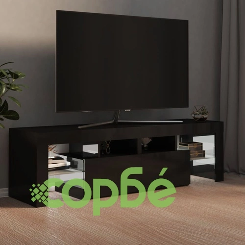 ТВ шкаф с LED осветление, черен гланц, 140x36,5x40 см ➤ топ цена ➤ sorbe.bg