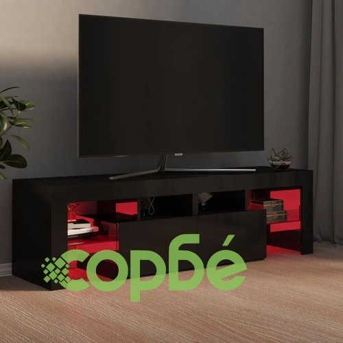 ТВ шкаф с LED осветление, черен гланц, 140x36,5x40 см ➤ топ цена ➤ sorbe.bg