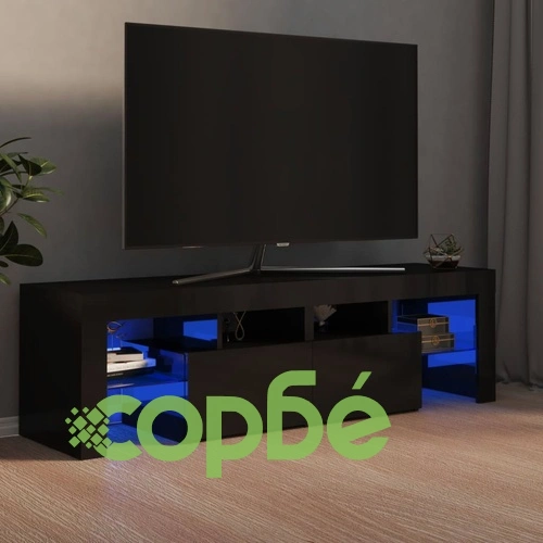 ТВ шкаф с LED осветление, черен гланц, 140x36,5x40 см ➤ топ цена ➤ sorbe.bg