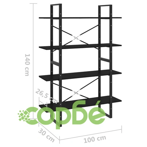 4-етажна библиотека, черна, 100x30x140 см, инженерно дърво ➤ топ цена ➤ sorbe.bg